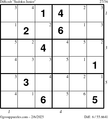 The grouppuzzles.com Difficult Sudoku-Junior puzzle for Thursday February 6, 2025 with all 6 steps marked