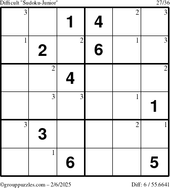 The grouppuzzles.com Difficult Sudoku-Junior puzzle for Thursday February 6, 2025 with the first 3 steps marked