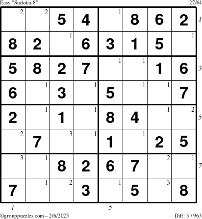 The grouppuzzles.com Easy Sudoku-8 puzzle for Thursday February 6, 2025 with all 3 steps marked