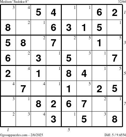 The grouppuzzles.com Medium Sudoku-8 puzzle for Thursday February 6, 2025 with all 5 steps marked