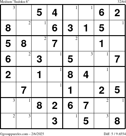 The grouppuzzles.com Medium Sudoku-8 puzzle for Thursday February 6, 2025 with the first 3 steps marked