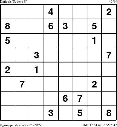 The grouppuzzles.com Difficult Sudoku-8 puzzle for Thursday February 6, 2025