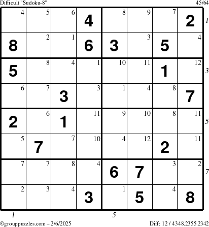 The grouppuzzles.com Difficult Sudoku-8 puzzle for Thursday February 6, 2025 with all 12 steps marked