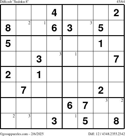 The grouppuzzles.com Difficult Sudoku-8 puzzle for Thursday February 6, 2025 with the first 3 steps marked