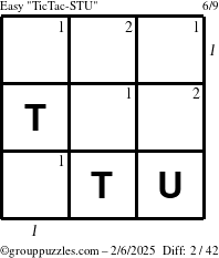 The grouppuzzles.com Easy TicTac-STU puzzle for Thursday February 6, 2025 with all 2 steps marked