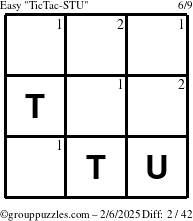 The grouppuzzles.com Easy TicTac-STU puzzle for Thursday February 6, 2025 with the first 2 steps marked