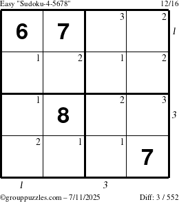 The grouppuzzles.com Easy Sudoku-4-5678 puzzle for Friday July 11, 2025 with all 3 steps marked