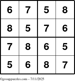 The grouppuzzles.com Answer grid for the Sudoku-4-5678 puzzle for Friday July 11, 2025