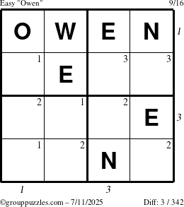 The grouppuzzles.com Easy Owen puzzle for Friday July 11, 2025 with all 3 steps marked