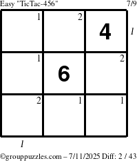 The grouppuzzles.com Easy TicTac-456 puzzle for Friday July 11, 2025 with all 2 steps marked