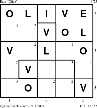 The grouppuzzles.com Easy Olive puzzle for Friday July 11, 2025 with all 3 steps marked