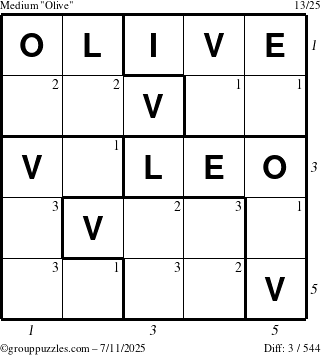 The grouppuzzles.com Medium Olive puzzle for Friday July 11, 2025 with all 3 steps marked