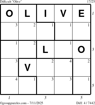 The grouppuzzles.com Difficult Olive puzzle for Friday July 11, 2025 with all 4 steps marked