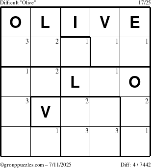 The grouppuzzles.com Difficult Olive puzzle for Friday July 11, 2025 with the first 3 steps marked