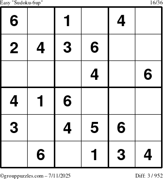 The grouppuzzles.com Easy Sudoku-6up puzzle for Friday July 11, 2025