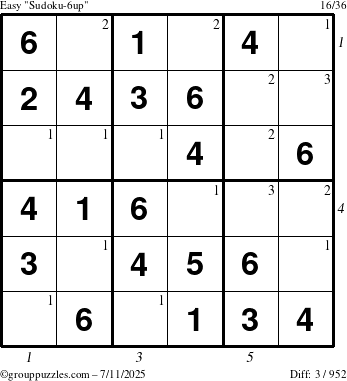 The grouppuzzles.com Easy Sudoku-6up puzzle for Friday July 11, 2025 with all 3 steps marked