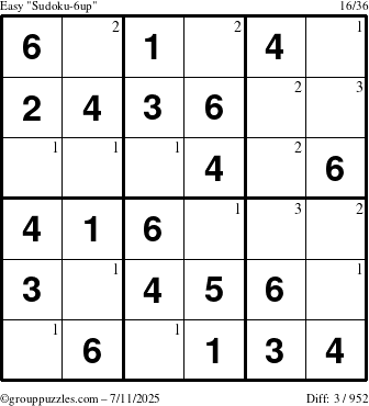 The grouppuzzles.com Easy Sudoku-6up puzzle for Friday July 11, 2025 with the first 3 steps marked