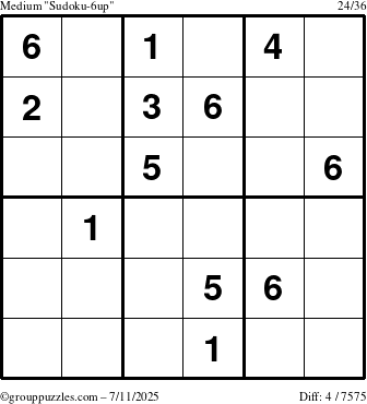 The grouppuzzles.com Medium Sudoku-6up puzzle for Friday July 11, 2025