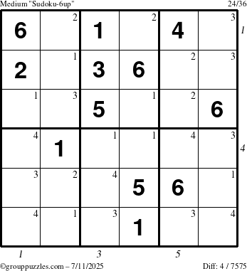 The grouppuzzles.com Medium Sudoku-6up puzzle for Friday July 11, 2025 with all 4 steps marked