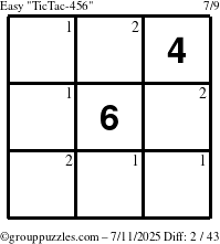 The grouppuzzles.com Easy TicTac-456 puzzle for Friday July 11, 2025 with the first 2 steps marked