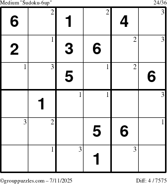 The grouppuzzles.com Medium Sudoku-6up puzzle for Friday July 11, 2025 with the first 3 steps marked