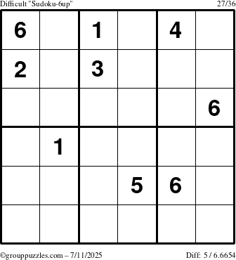 The grouppuzzles.com Difficult Sudoku-6up puzzle for Friday July 11, 2025