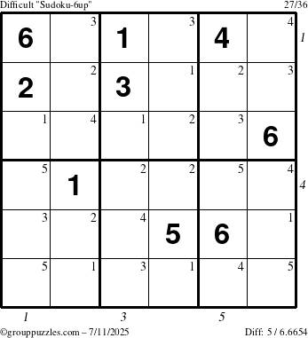 The grouppuzzles.com Difficult Sudoku-6up puzzle for Friday July 11, 2025 with all 5 steps marked