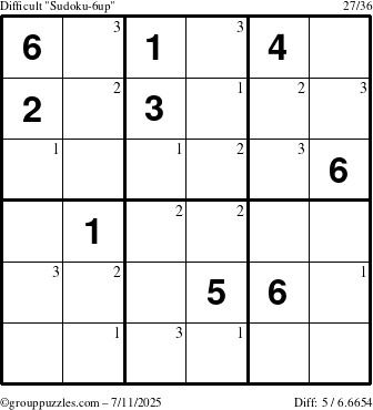 The grouppuzzles.com Difficult Sudoku-6up puzzle for Friday July 11, 2025 with the first 3 steps marked