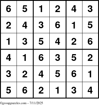 The grouppuzzles.com Answer grid for the Sudoku-6up puzzle for Friday July 11, 2025