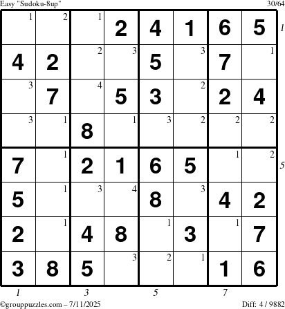 The grouppuzzles.com Easy Sudoku-8up puzzle for Friday July 11, 2025 with all 4 steps marked