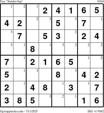 The grouppuzzles.com Easy Sudoku-8up puzzle for Friday July 11, 2025 with the first 3 steps marked