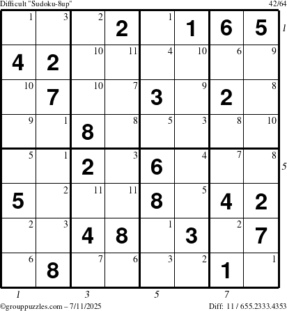 The grouppuzzles.com Difficult Sudoku-8up puzzle for Friday July 11, 2025 with all 11 steps marked