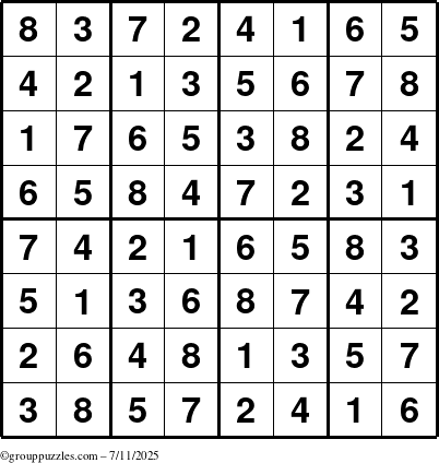 The grouppuzzles.com Answer grid for the Sudoku-8up puzzle for Friday July 11, 2025