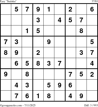 The grouppuzzles.com Easy Sudoku puzzle for Friday July 11, 2025
