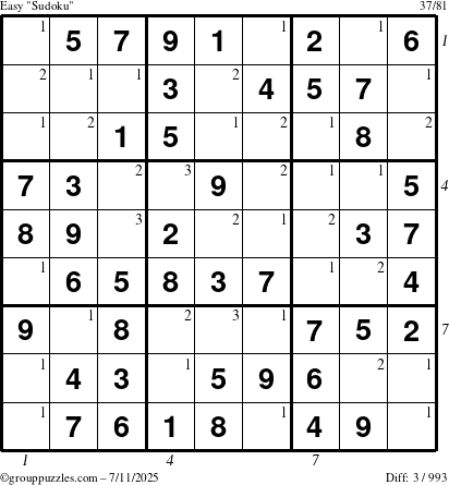The grouppuzzles.com Easy Sudoku puzzle for Friday July 11, 2025 with all 3 steps marked