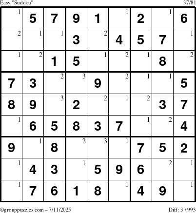 The grouppuzzles.com Easy Sudoku puzzle for Friday July 11, 2025 with the first 3 steps marked