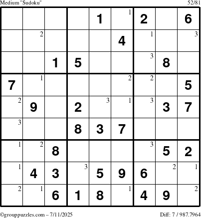 The grouppuzzles.com Medium Sudoku puzzle for Friday July 11, 2025 with the first 3 steps marked