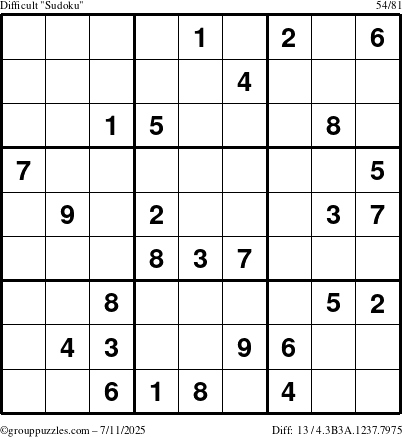 The grouppuzzles.com Difficult Sudoku puzzle for Friday July 11, 2025