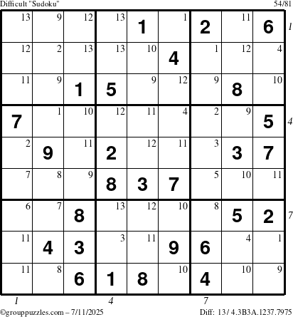 The grouppuzzles.com Difficult Sudoku puzzle for Friday July 11, 2025 with all 13 steps marked