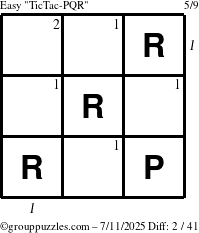 The grouppuzzles.com Easy TicTac-PQR puzzle for Friday July 11, 2025 with all 2 steps marked