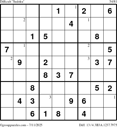 The grouppuzzles.com Difficult Sudoku puzzle for Friday July 11, 2025 with the first 3 steps marked