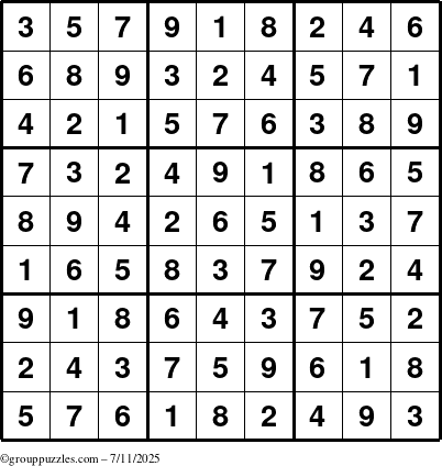 The grouppuzzles.com Answer grid for the Sudoku puzzle for Friday July 11, 2025