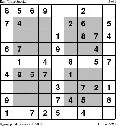 The grouppuzzles.com Easy HyperSudoku puzzle for Friday July 11, 2025