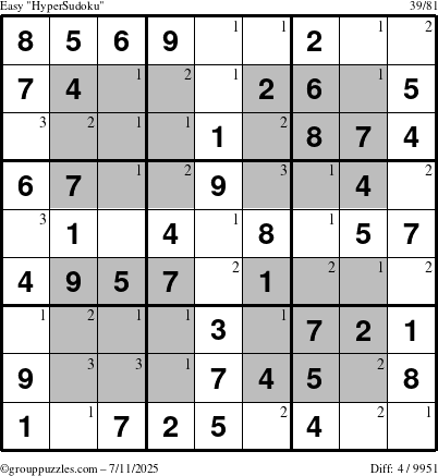 The grouppuzzles.com Easy HyperSudoku puzzle for Friday July 11, 2025 with the first 3 steps marked