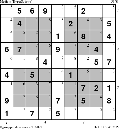 The grouppuzzles.com Medium HyperSudoku puzzle for Friday July 11, 2025 with all 8 steps marked