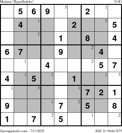 The grouppuzzles.com Medium HyperSudoku puzzle for Friday July 11, 2025 with the first 3 steps marked