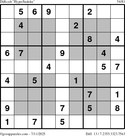 The grouppuzzles.com Difficult HyperSudoku puzzle for Friday July 11, 2025