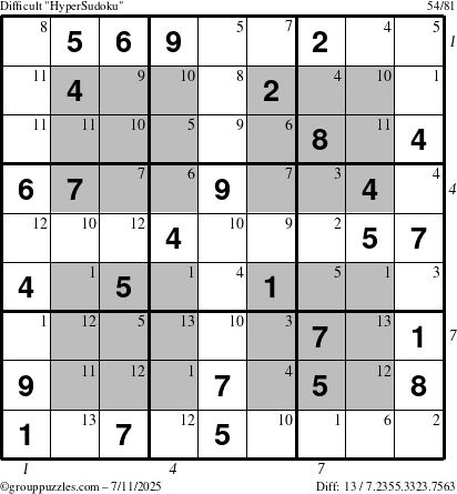 The grouppuzzles.com Difficult HyperSudoku puzzle for Friday July 11, 2025 with all 13 steps marked