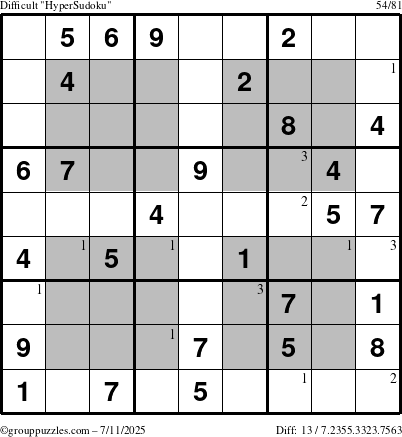The grouppuzzles.com Difficult HyperSudoku puzzle for Friday July 11, 2025 with the first 3 steps marked