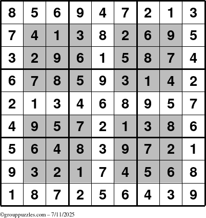 The grouppuzzles.com Answer grid for the HyperSudoku puzzle for Friday July 11, 2025